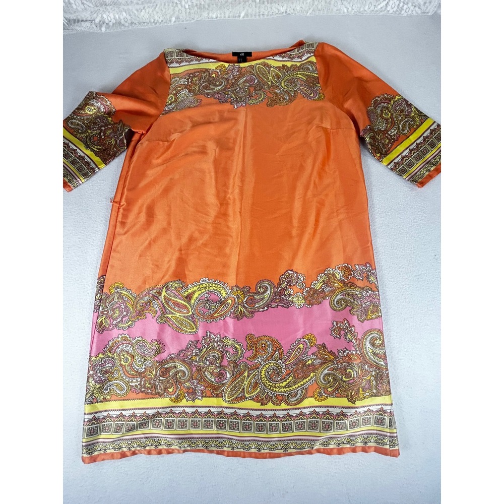 HM‎ Orange Paisley Border Print Satin Shift Dress Boat Neck 3/4 Sleeve Size 14